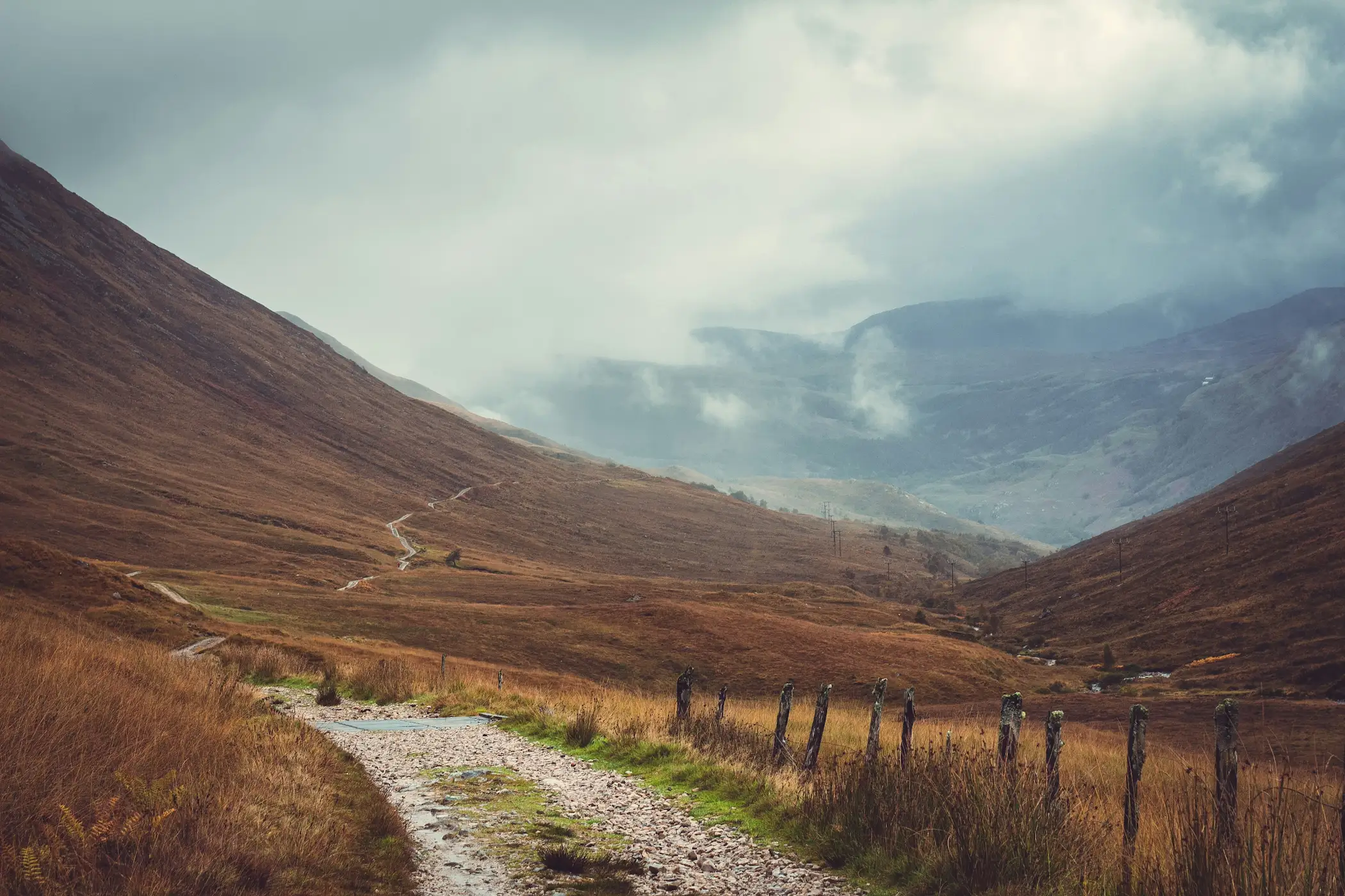 A gravel cyclist on an empty Highland track under a wide Scottish sky