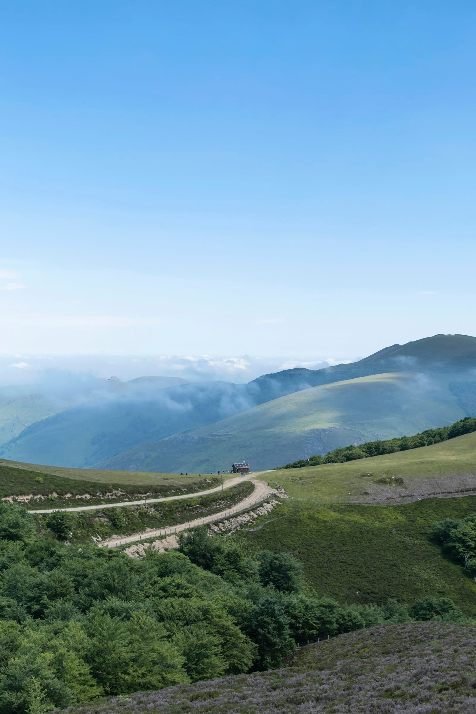 A gravel track climbing across green mountain slopes above the cloud line